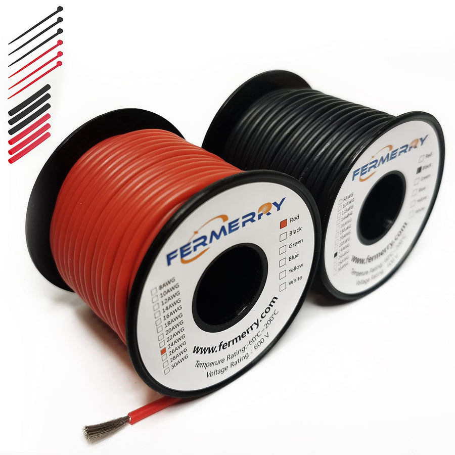 Silicone Stranded Wire Kit 24 Gauge Electric Hook-up Wire Black and Red 25Ft Each Tinned Copper Wire 24 AWG
