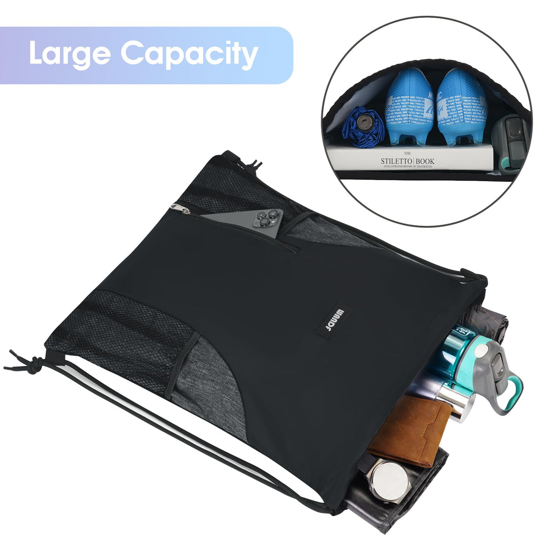 Drawstring Backpack Sports Gym Sackpack with Mesh Pockets Water Resistant String Bag for Women Men(Black)