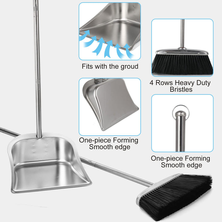 Broom and Dustpan Set for Home, Stainless Steel Broom and Dustpan Set with Long Handle, Heavy Duty Dustpan Broom Set Standing Dust Pan Kitchen and Home Indoor Outdoor Broom