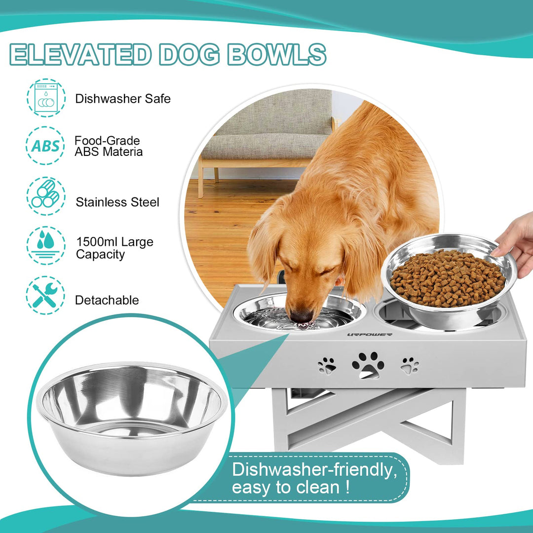 Elevated Dog Bowls Adjustable Raised Dog Bowl with 2 Stainless Steel 1.5L Dog Food Bowls Stand Non-Slip No Spill Dog Dish Adjusts to 3 Heights 2.8”, 8”, 12”for Small Medium Large Dogs and Cats