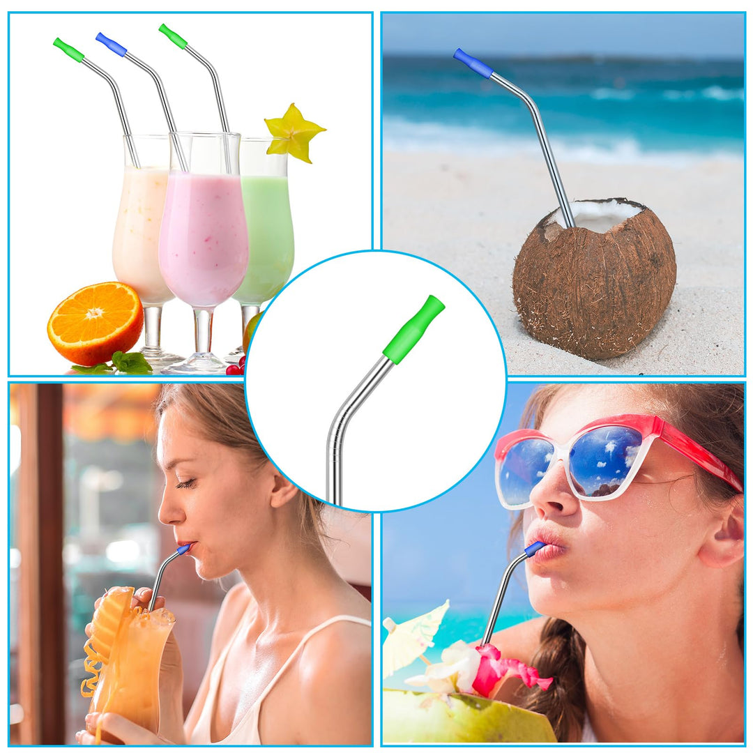 10 Pieces 14 Inch Stainless Steel Straw Extra Long Reusable Bent Straw for 100 oz Tumblers with 10 Silicone Tips and 1 Cleaning Brush for Tall Cups, Wide Insulated Travel Mug(Silver)