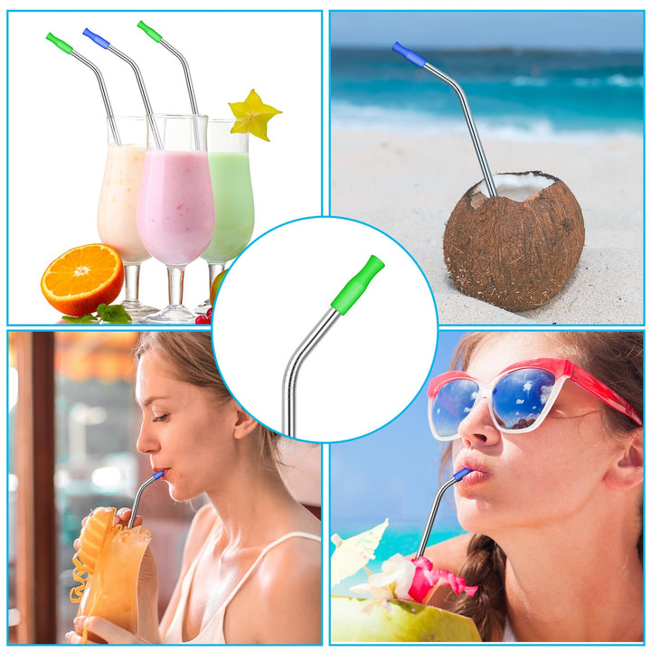 10 Pieces 14 Inch Stainless Steel Straw Extra Long Reusable Bent Straw for 100 oz Tumblers with 10 Silicone Tips and 1 Cleaning Brush for Tall Cups, Wide Insulated Travel Mug(Silver)