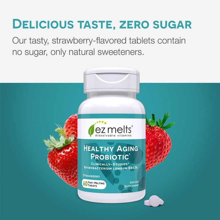 Dissolvable Healthy Aging Probiotic, Bifidobacterium Longum BB536 (2 Billion CFU), Sugar-Free, Probiotics for Women and Men 50+, 2-Month Supply