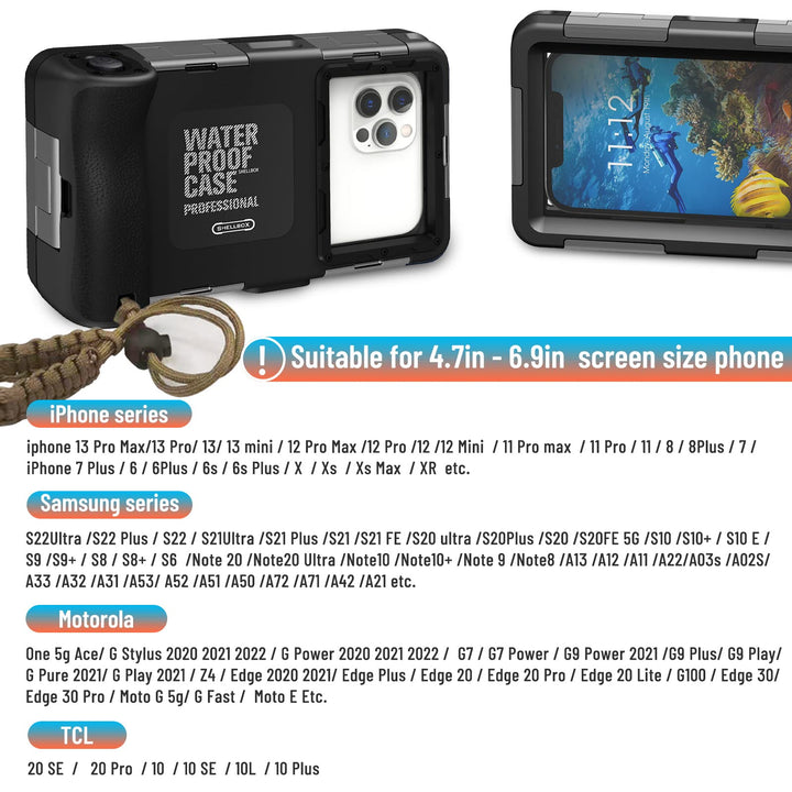 Diving Underwater Phone Case Comp iPhone 16/15/14/13/12/11 Pro Max Mini Xr/X/Xs,Samsung Galaxy S24/S23/S22/ S21/s20/s10 Ultra Plus Professional Cell Phone Waterproof Case (Black)
