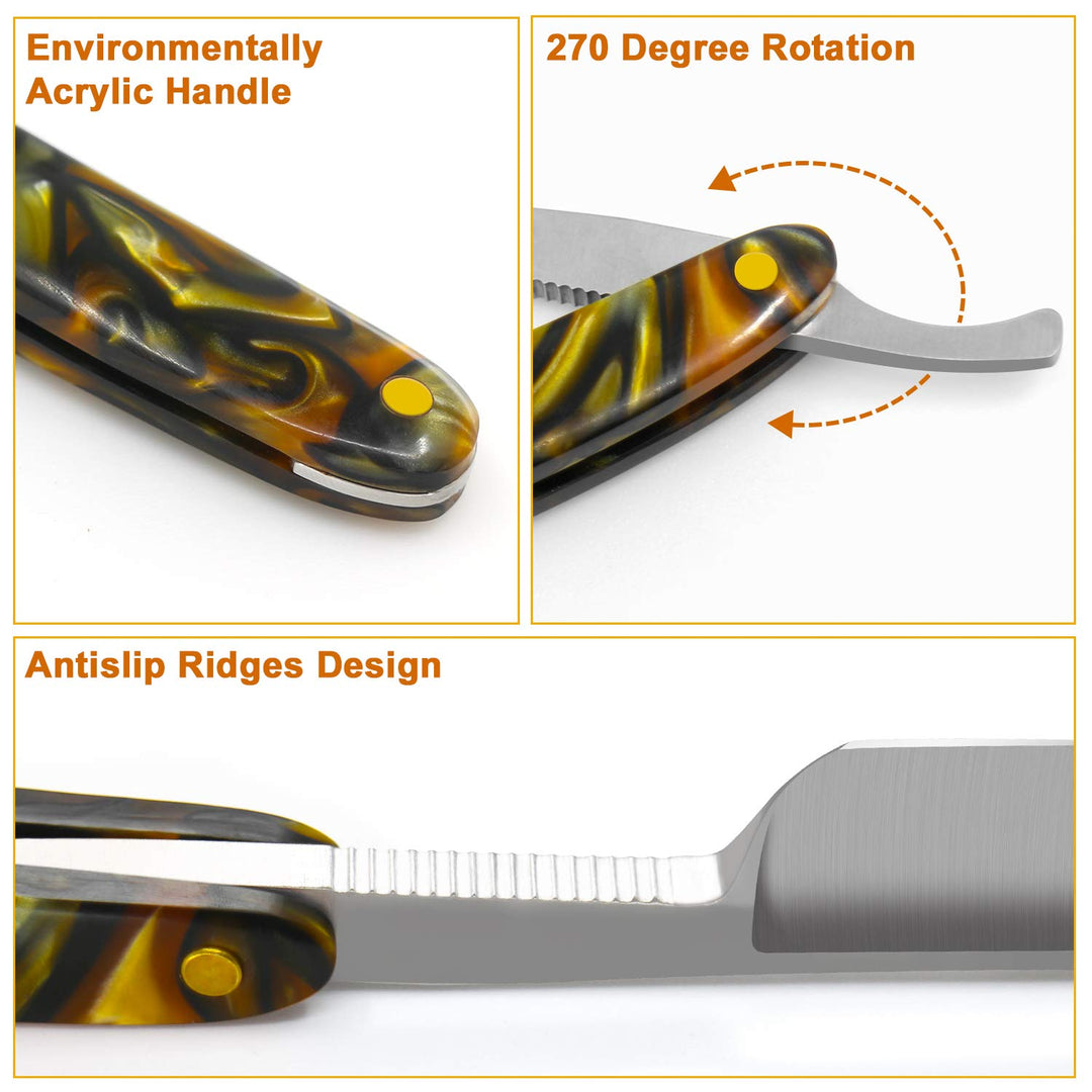Professional Straight Edge Razor, Stainless Steel Barber Razor Folding Shaving Knife Cut Tool for Male Acrylic Handle Yellow