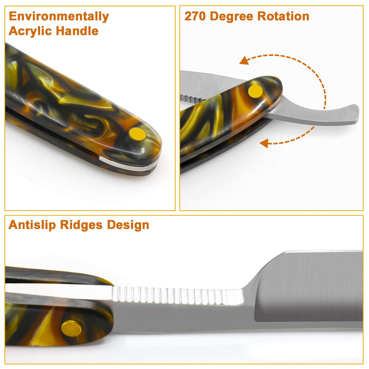 Professional Straight Edge Razor, Stainless Steel Barber Razor Folding Shaving Knife Cut Tool for Male Acrylic Handle Yellow