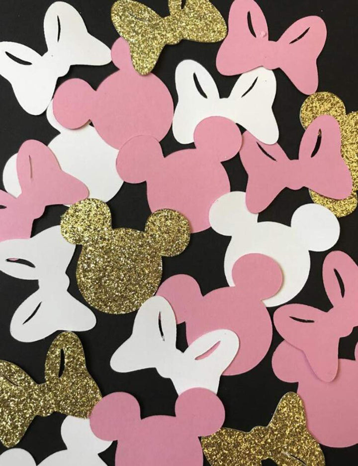 120Pieces 2inche Pink Gold Glitter Minnie Confetti - Baby Birthday Party Table Scatter - Baby Shower Cutouts - Cake Smash Photo Shoot Decor Girl Birthday Party Baby Shower Decor