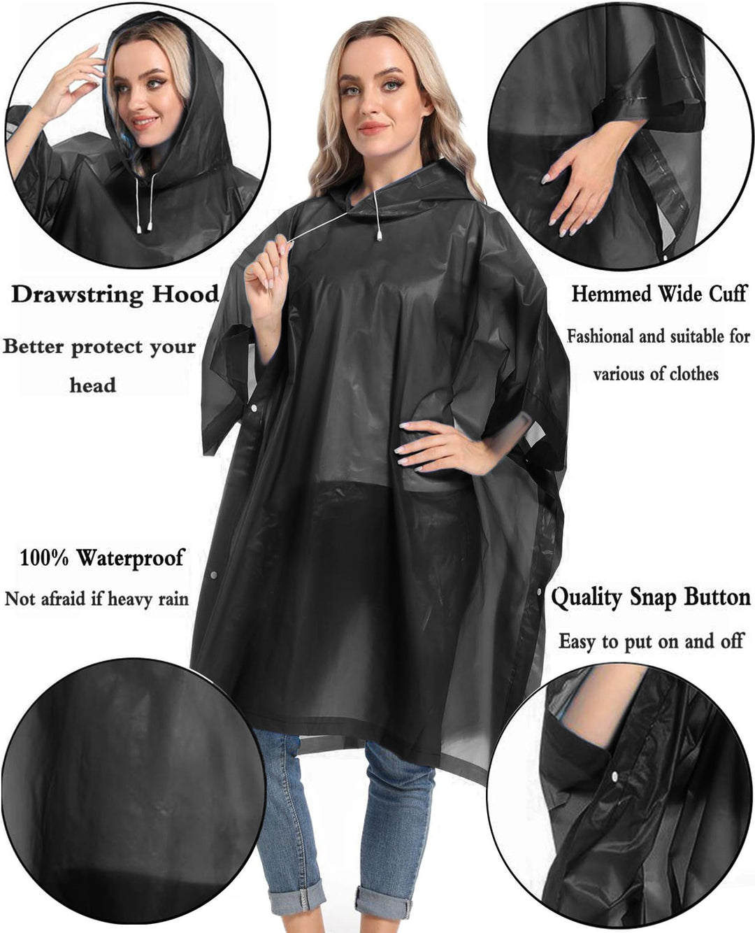 Unisex Reusable Rain Ponchos 2 Packs for Adults Waterproof - Emergency Rain Coat for Theme Park, Hiking, Camping or Traveling,Black