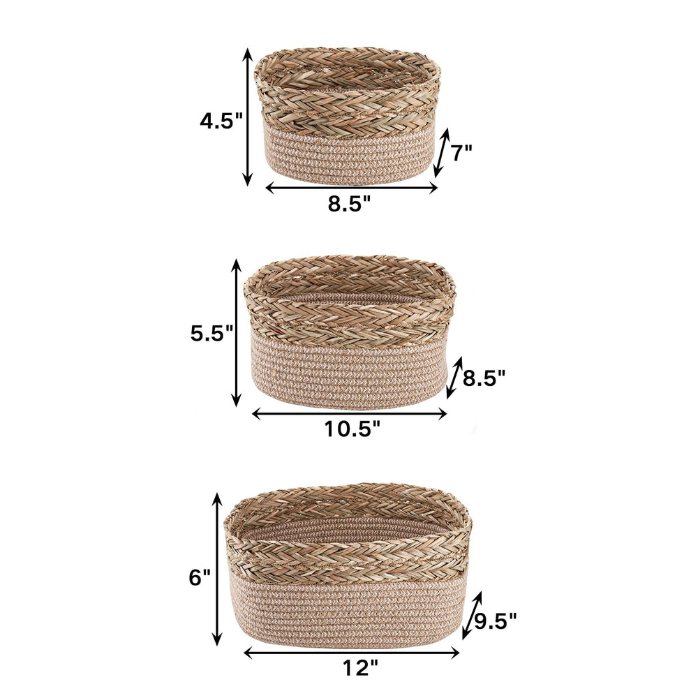 Set of 3 Small Rope Baskets, Woven Seagrass and Cotton Rope Basket for Organizing