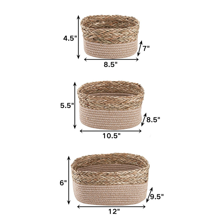 Set of 3 Small Rope Baskets, Woven Seagrass and Cotton Rope Basket for Organizing
