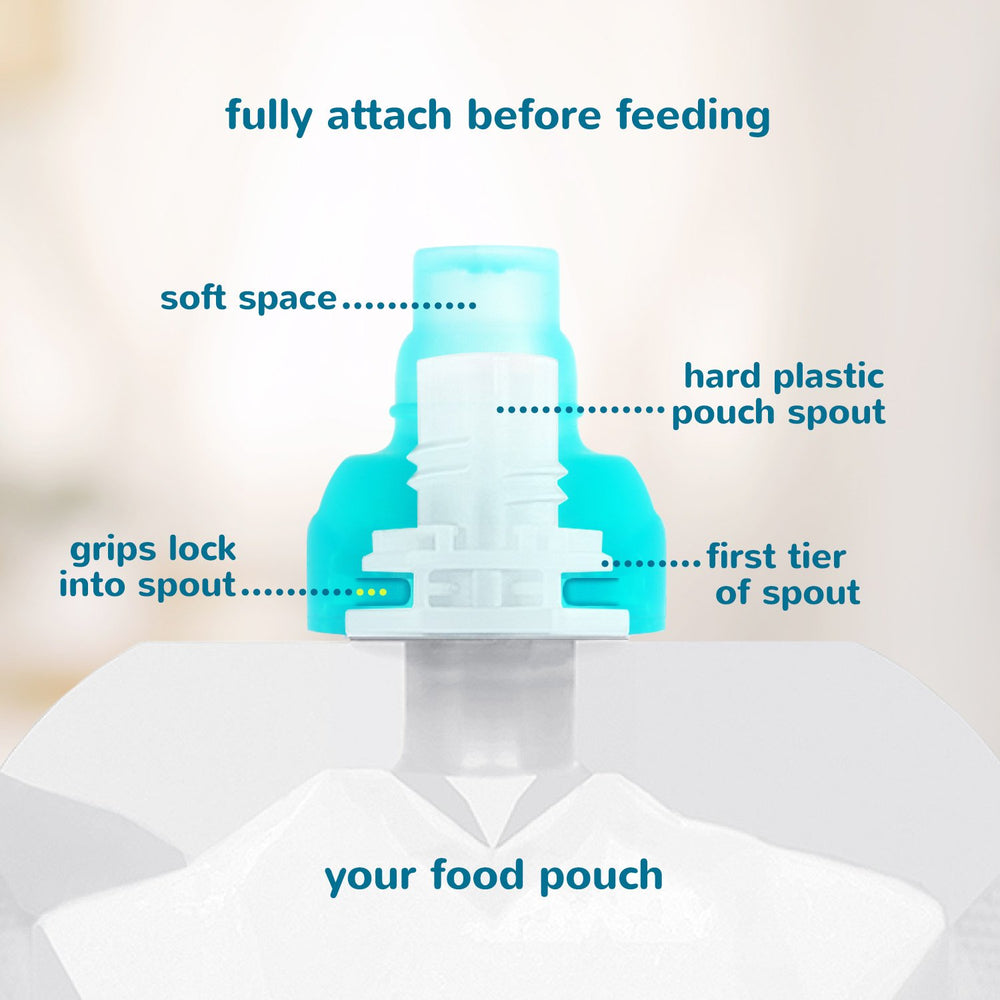 SoftSip Food Pouch Top | Baby Led Weaning | No Spill Flow Control Valve, Protects Childs Mouth, 100% Silicone, BPA Free | 2CT Aqua Purple
