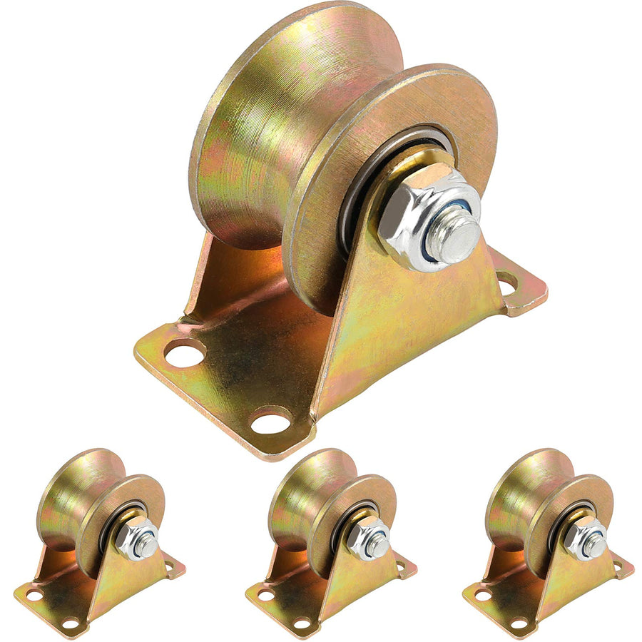4 PCS 2 Inch 660 LB 45# Steel U Groove Wheel Pulley, Sliding Gate Rollers with Bracket, Heavy Duty Rigid Caster for Inverted Track, Rolling Gate, Industrial Machines, Wire Rope Rail