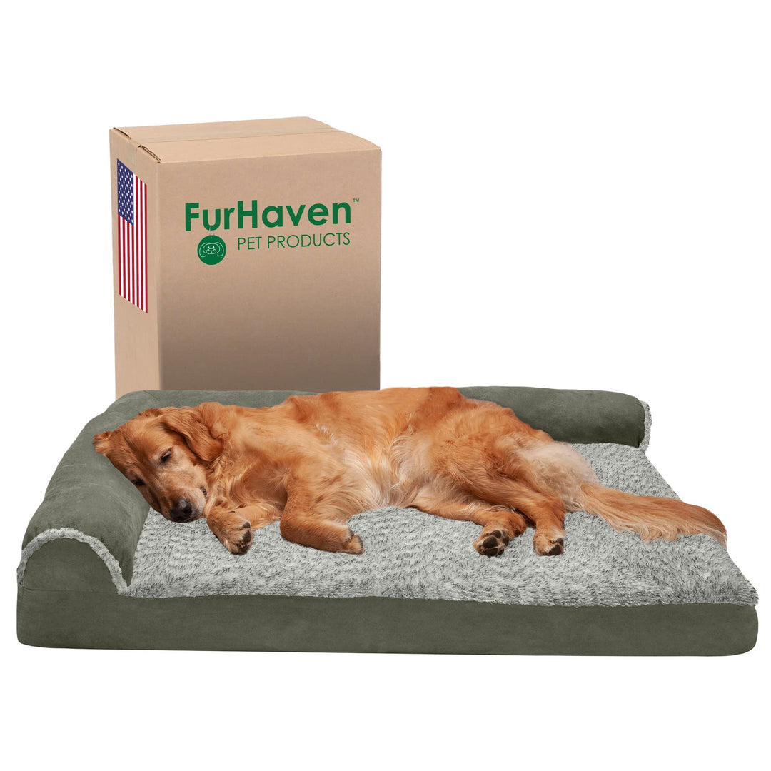 Furhaven Orthopedic Dog Bed for Large Dogs w/ Removable Bolsters & Washable Cover, For Dogs Up to 95 lbs - Two-Tone Plush Faux Fur & Suede L Shaped Chaise - Dark Sage, Jumbo/XL