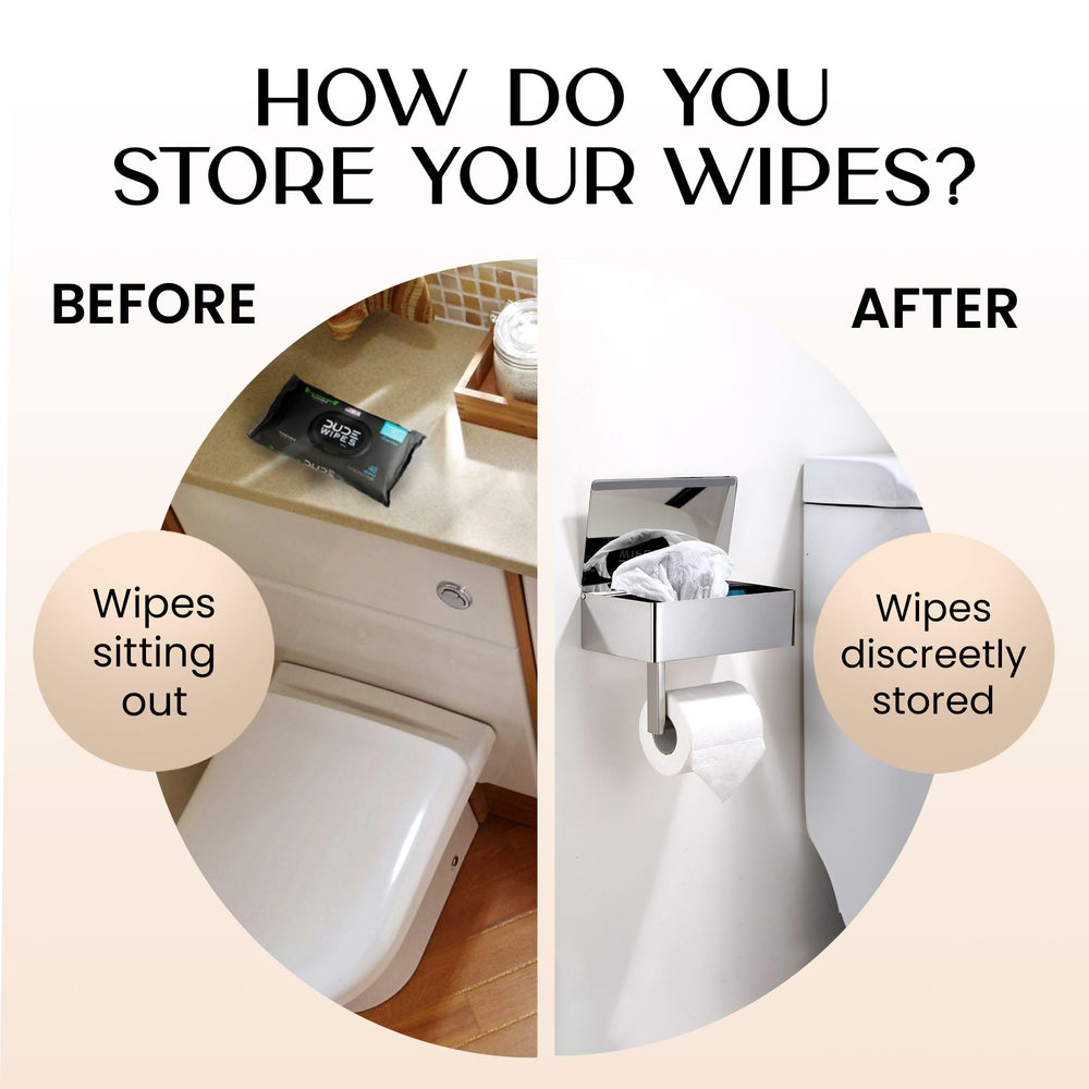 Day Moon™ Chrome Toilet Paper Holder with Shelf - Wipe Holder for Bathroom, Flushable Wipes Dispenser, Toilet Paper and Wipes Holder - Toilet Paper Holder with Storage, Toilet Paper Holder Wall Mount