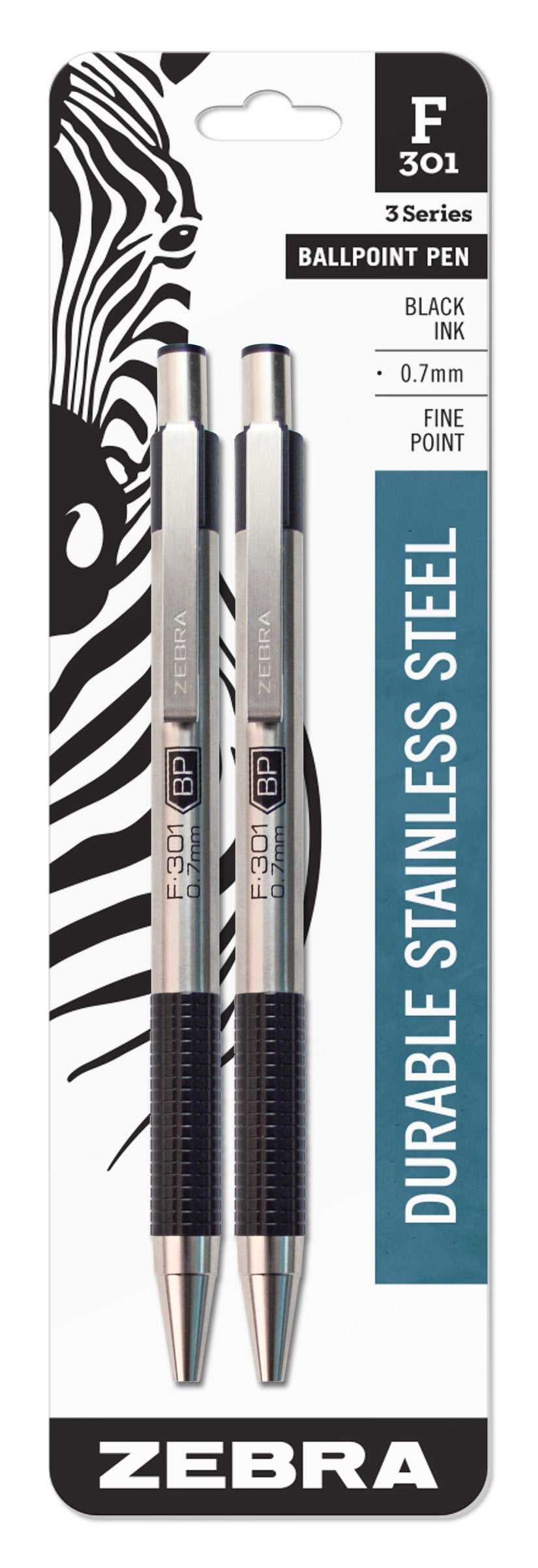 Zebra® F-301 Stainless Steel Retractable Ballpoint Pens, Fine Point, 0.7 mm, Black Ink, Pack Of 2