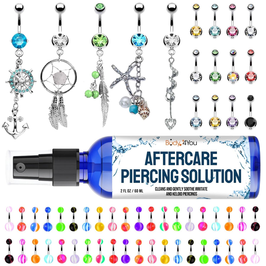 65 Belly Button Rings Dangle Barbells Aftercare Saline Cleanser Spray 14G Multicolor Acrylic Stainless Steel CZ Navel Women Girl Teen Body Bar Jewelry Gift Set