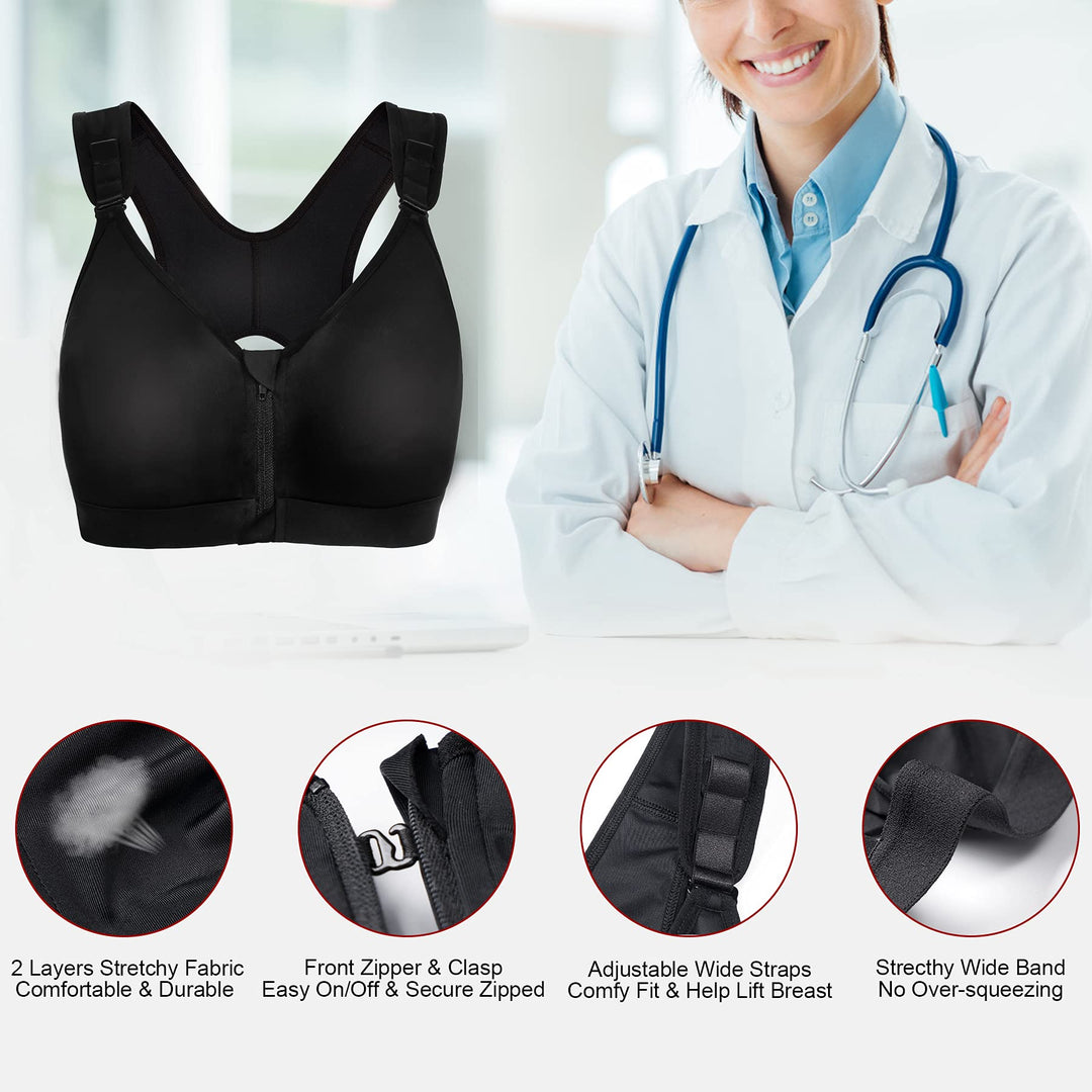 Women Post-Surgical Bra Zip Front Post Surgery Sports Bras Racerback Support Wireless Adjustable Straps (L, Black)