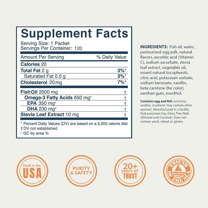 Omega 3 Fish Oil Supplement, 650mg of Omega-3s with 3X Better Absorption Than Softgels, Orange Flavor, 120 Single Serve Squeeze Packets