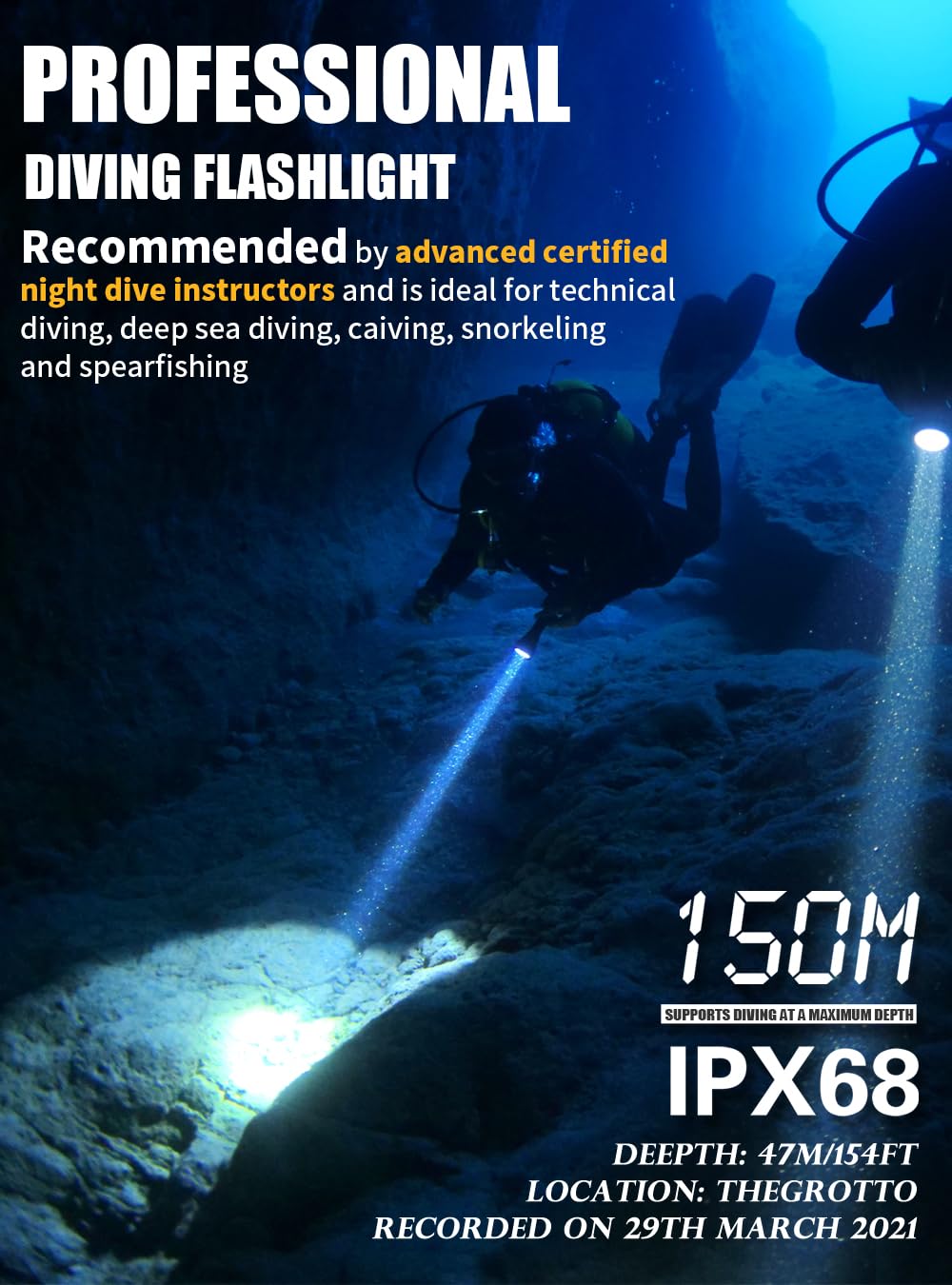 PFSN DF-3000 Professional Underwater Flashlight, 150m Waterproof Dive Torch with Long Lasting Rechargeable Battery, Super Bright Light Great for Night Caving, Explore, Spearfishing