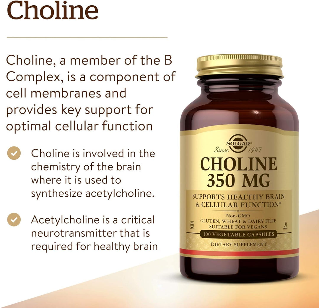 Solgar Choline 350 mg, 100 Vegetable Capsules - Supports Healthy Brain & Cellular Function - Vegan, Gluten and Dairy Free, Kosher - 100 Servings