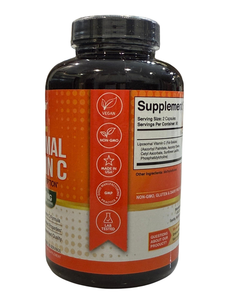 Liposomal Vitamin C, 180 Capsules - High Absorption, Fat Soluble VIT C, Antioxidant Supplement, Higher Bioavailability Immune System Support & Collagen Booster, Non-GMO, Vegan Pills