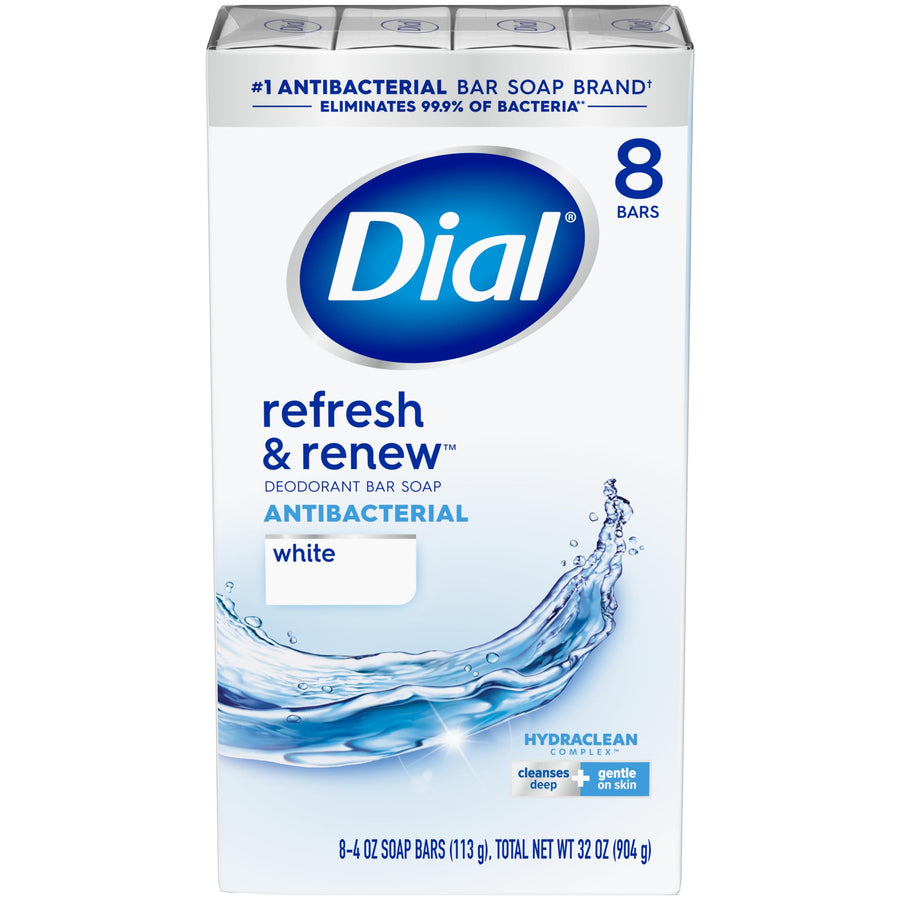 Antibacterial Bar Soap, Refresh & Renew, White, 4 oz, 8 Bars