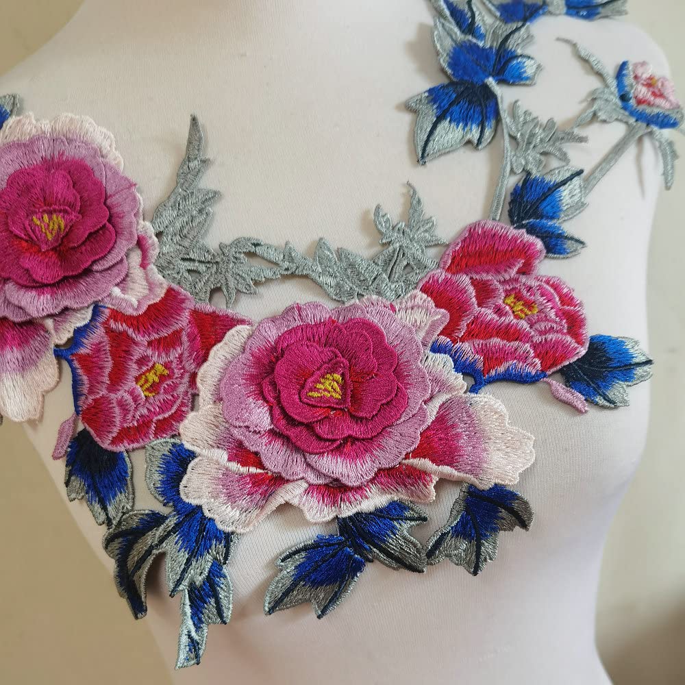 2pcs Beautiful Flowers Embroidered Sewing Applique Patches (Bright Pink C)
