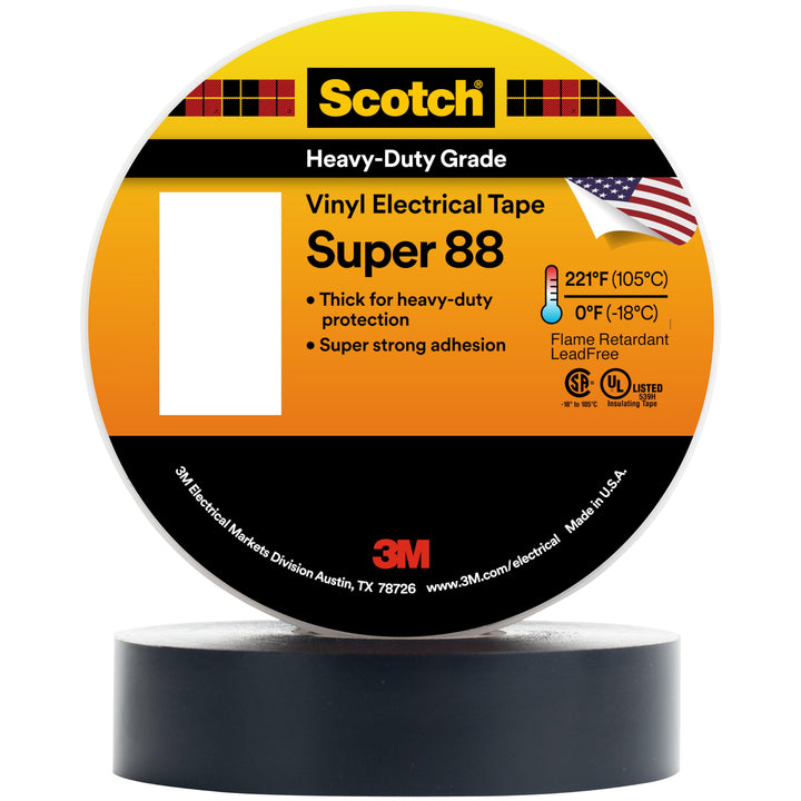 Scotch Vinyl Electrical Tape Super 88, 3/4 in x 44 ft, Black, 1 roll, Premium Grade, Rubber Resin Adhesive, PVC Backing, All-Season Heavy Duty Electric Tape