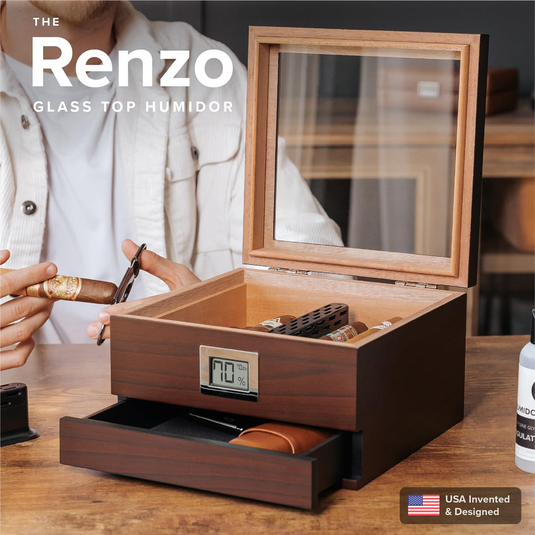 Glass Top Humidor with Thick Cedar, Easy humidification System, Accurate Digital Hygrometer - Renzo, Brown