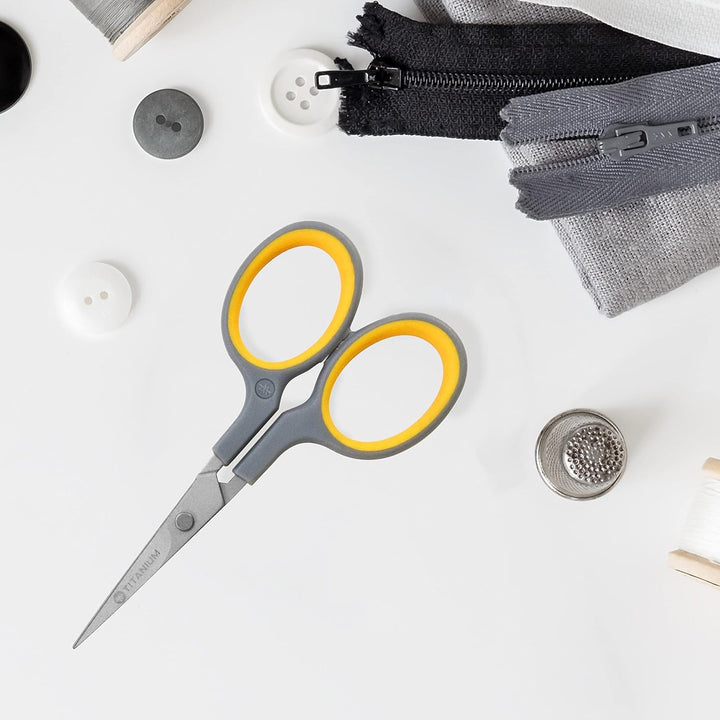 4 Embroidery Scissors with Titanium-Bonded Blades, for Crafting, Sewing & More, Gray/Yellow