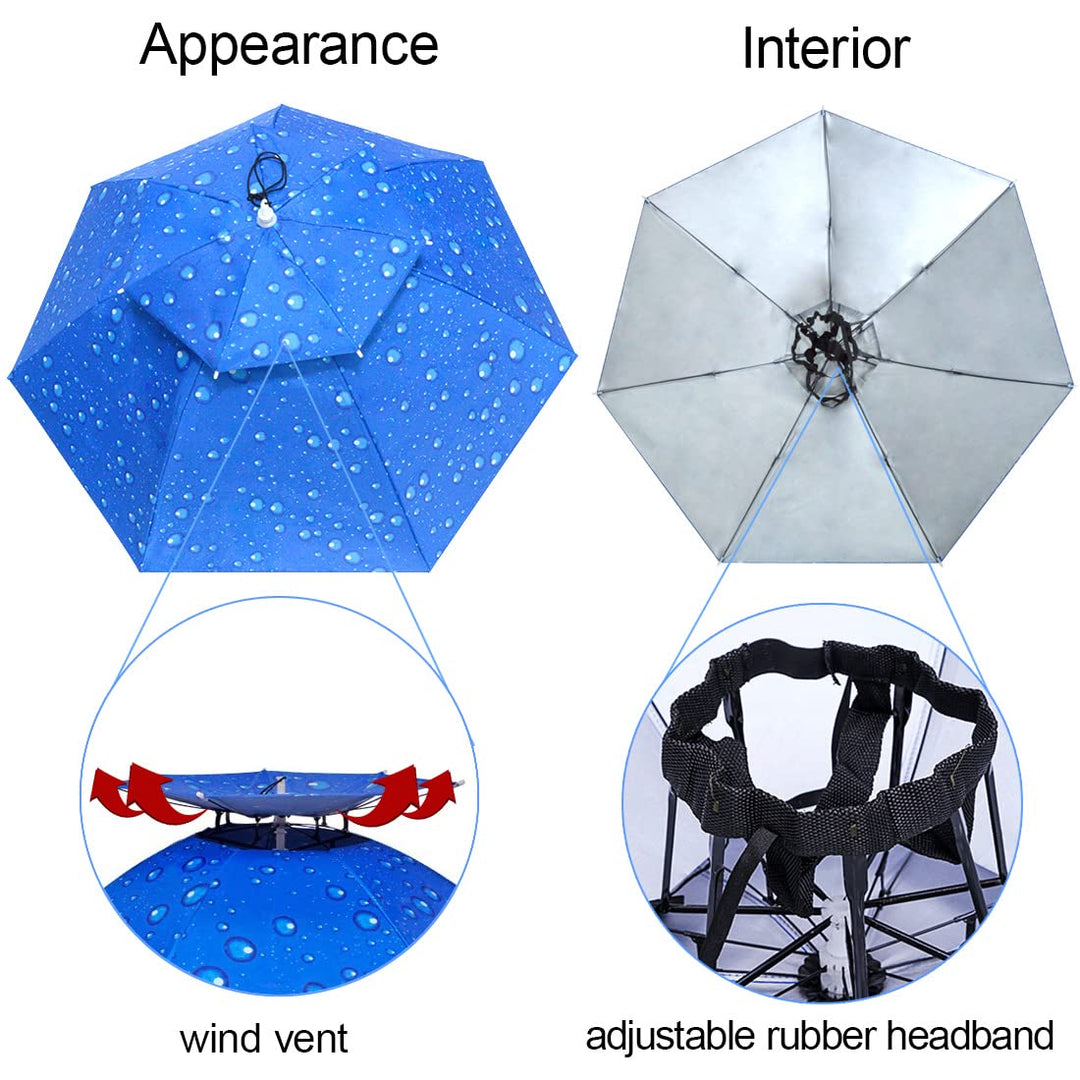 37.4'' Diameter Double Layer Folding Compact UV Wind Protection Umbrella Hat for Fishing Gardening Outdoor