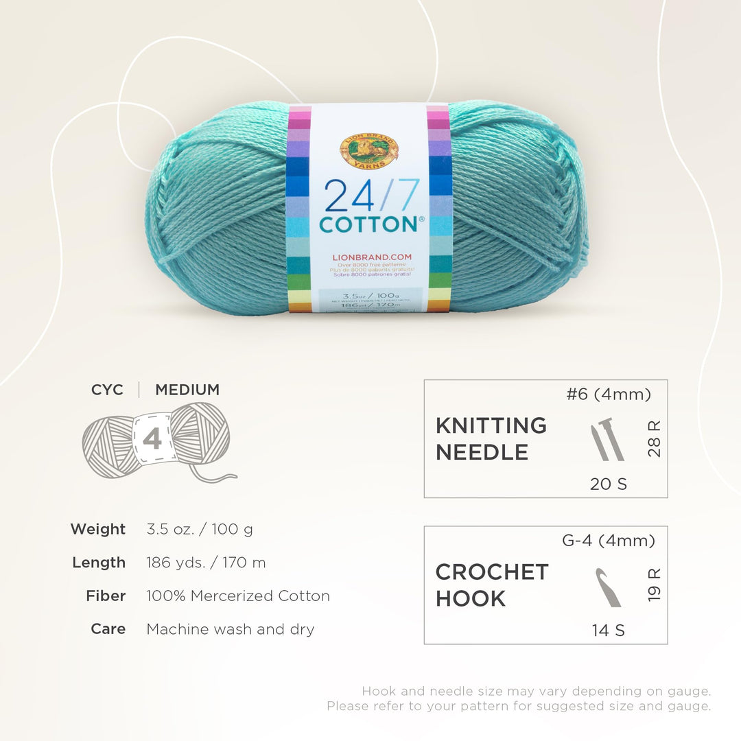 Lion Brand 24/7 Cotton Yarn, Lightweight Yarn for Knitting, Crocheting, and Crafts, Aqua, 1 Pack