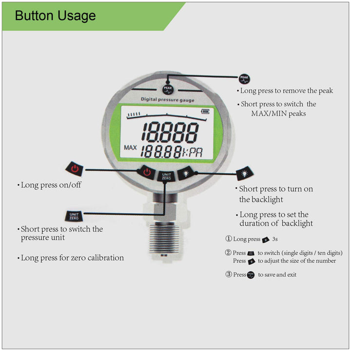25MPA/3600PSI Digital Pressure Gauge with NPT1/4 G1/2 M10*1 Interface 1% FS Accuracy Hydraulic Gas/Water/Oil Pressure Gauge