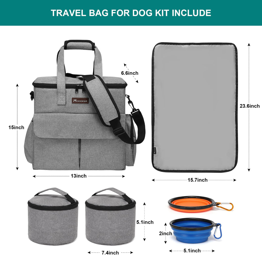 Dog Travel Bag, Weekend Pet Travel Set for Dog and Cat, Airline Approved Tote Organizer with Multi-Function Pockets, 2 Food Storage Containers, 2 Collapsible Bowls, 1 Feeding Mat (Grey)