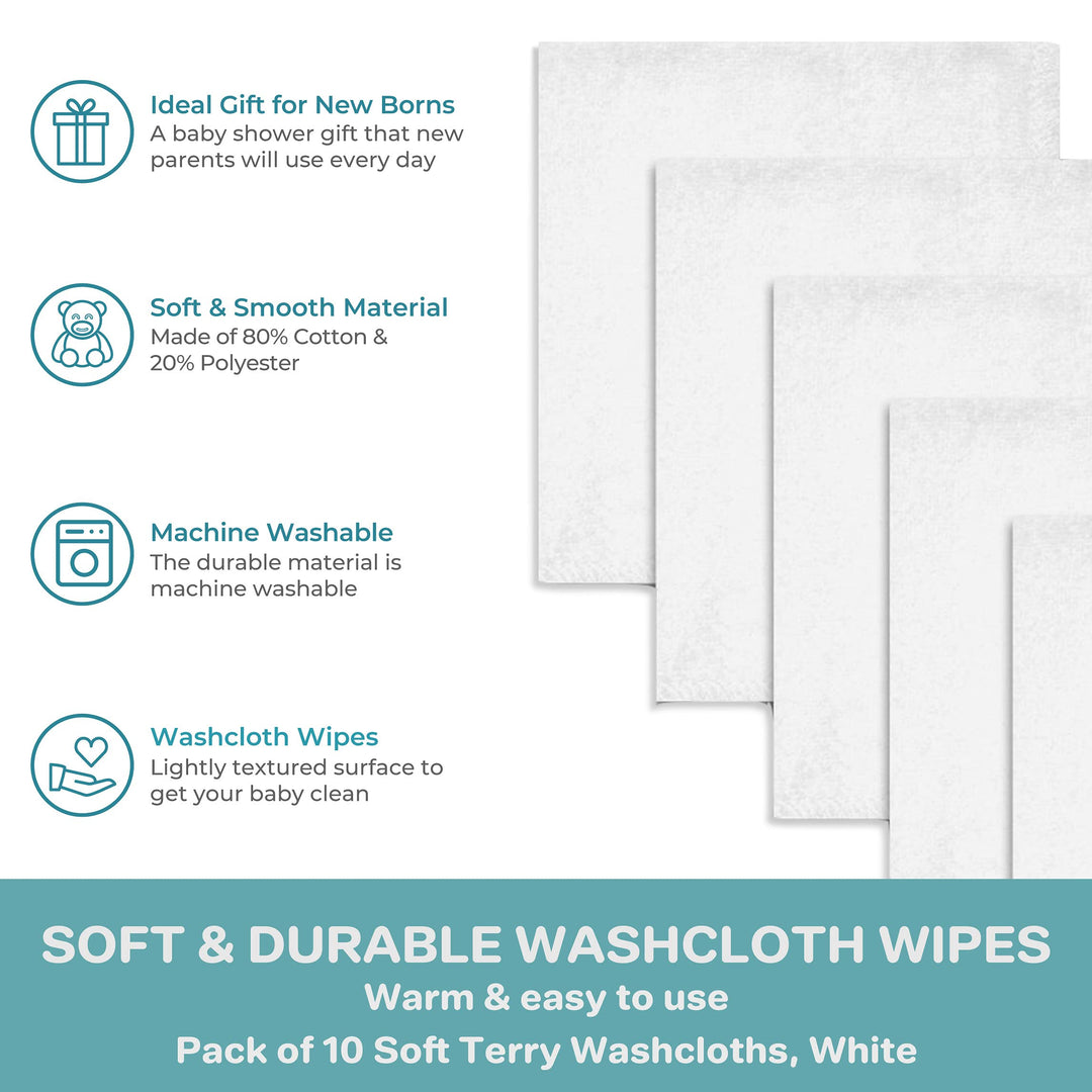 Washcloth Wipes Set for Newborn Boys and Girls, Soft Terry Washcloth Set, Pack of 10, White, (010-WTE)