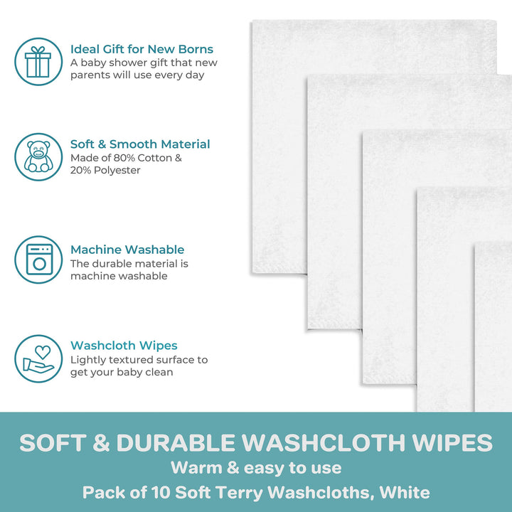 Washcloth Wipes Set for Newborn Boys and Girls, Soft Terry Washcloth Set, Pack of 10, White, (010-WTE)