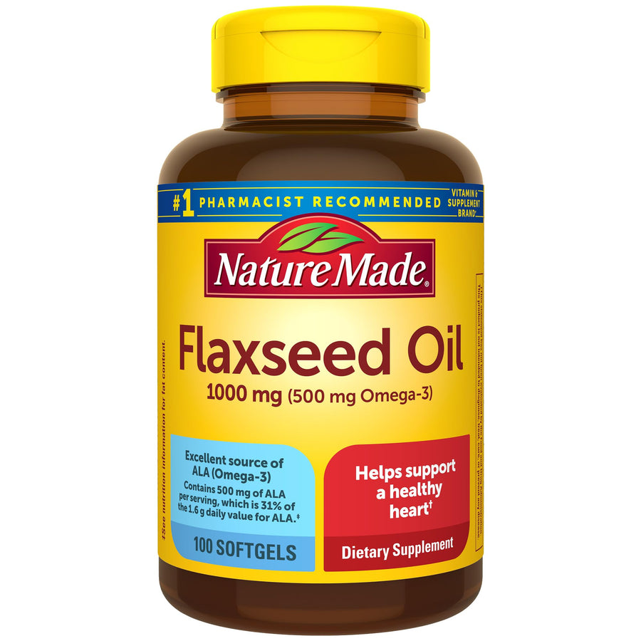 Flaxseed Oil 1000 mg, Fish Free Omega 3 Supplement, Dietary Supplement for Heart Health Support, 100 Softgels, 100 Day Supply