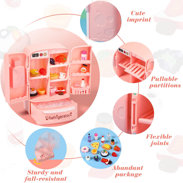 17 Pieces Dollhouse Refrigerator Mini Fridge Toy with Mini Food Set Dollhouse Kitchen Furniture Food Toys Dollhouse Miniatures Kitchen Decorations Bottles Fruit Dessert for Children (Lovely Style)