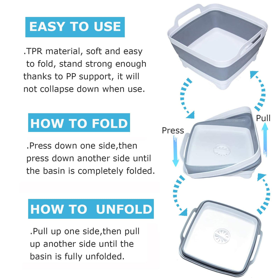 Dishpan For Washing Dishes,9L Collapsible Dish Tub Portable Sink,Wash Dish Basin,Foldable Laundry Tub,Washing Basin with Drain Plug,Dishpan for Kitchen Sink,Camping Dish Washing Tub,Gray