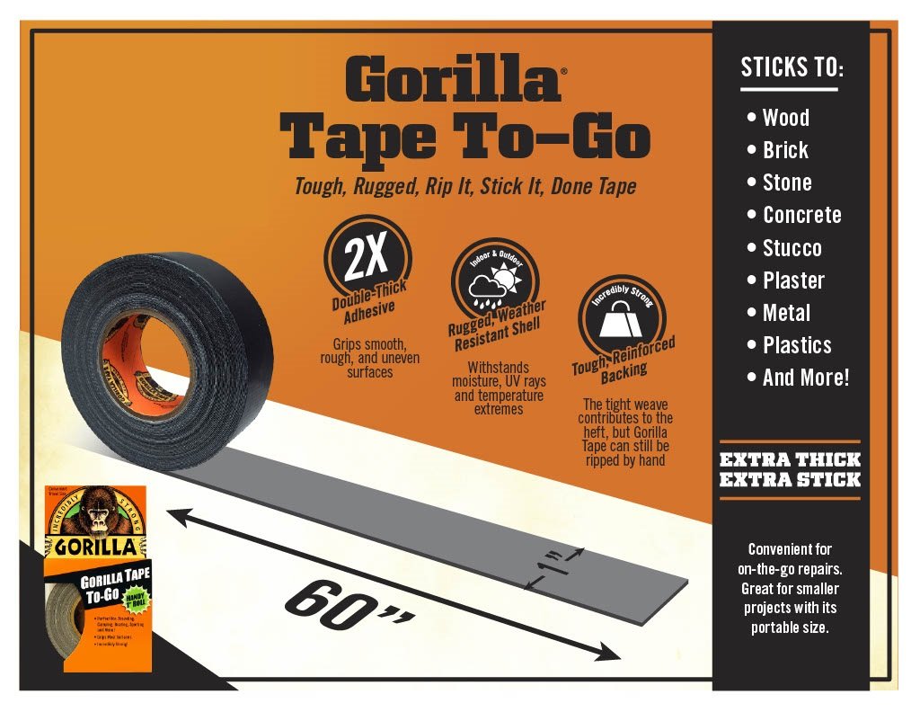 Tape, Mini Duct Tape to-Go, 1 x 10 yd Travel Size, Black, (Pack of 6)