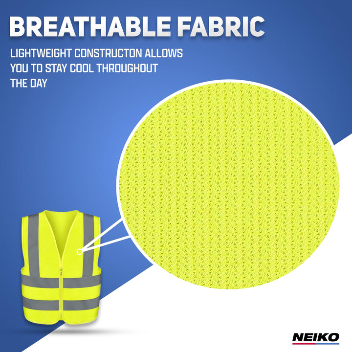 Neiko 53942A High Visibility Safety Vest with Reflective Strips | Size X-Large | Neon Yellow Color | Zipper Front | For Emergency, Construction and Safety Use