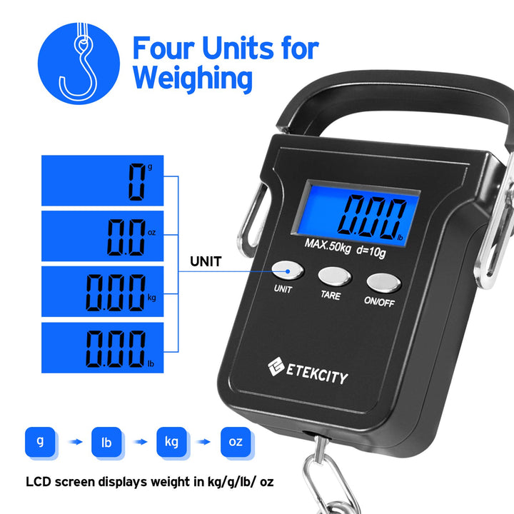 Fishing Scale with Backlit LCD Display, 110lb/50kg Digital Electronic Hanging Hook Scale with Batteries and Carry Pouch Included, Black, Non-Slip Handle