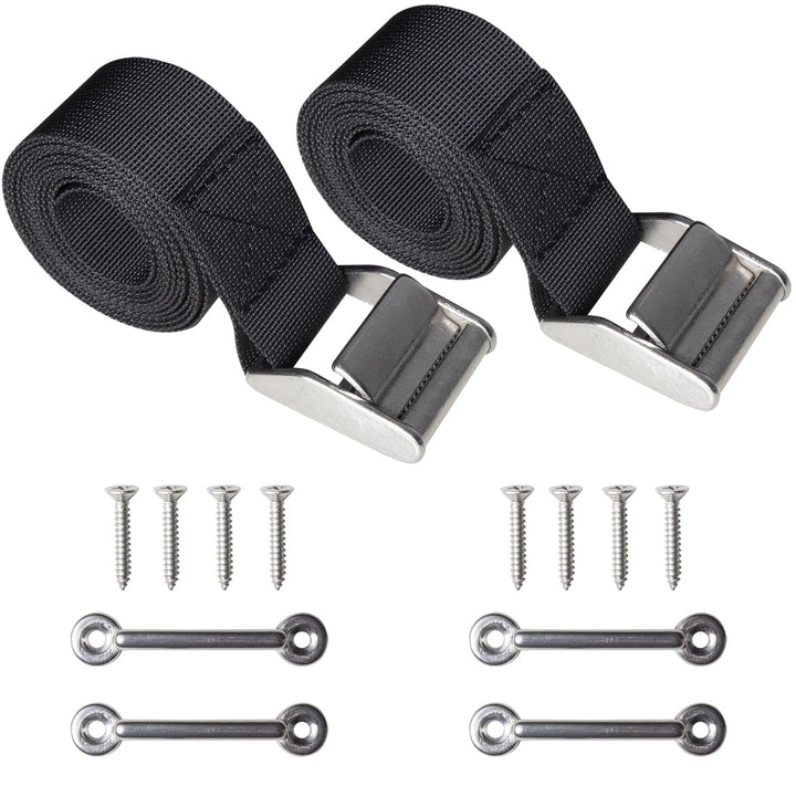 56 Battery Tie Down Strap Kit Battery Hold Down Strap with Stainless Steel 316 Cam Buckle, 4 Stainless Steel 316 Eye Strap Mounts, 8 SS Screws (2 Pack)