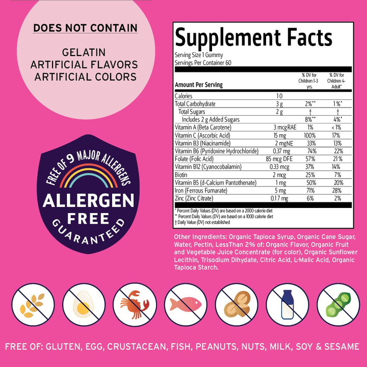 - Vegan Multivitamin & Iron for Kids - Daily Nutritional Support Gummies w/Ferrous Fumarate B-Complex, Vitamin C, Zinc, Biotin - Body Function & Anemia - Strawberry, (60 Day Supply)