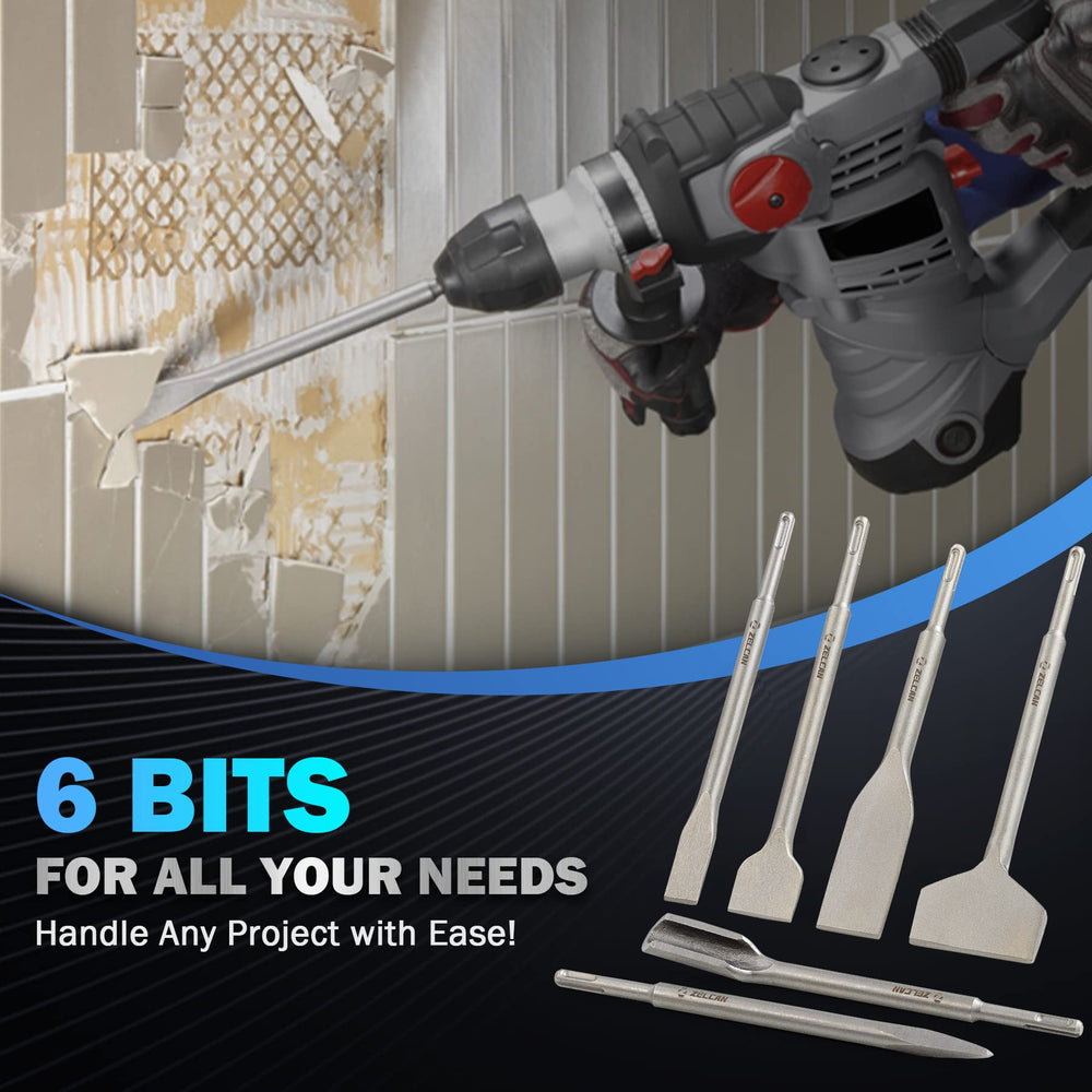 Chisel Set with SDS Plus Shanks, 6pc Masonry Concrete Drill Bit Set, Tile Grooving Scraping Flat Point Scaling Chisels 40Cr Steel Rotary Hammer Drill Tool Kit SDS Plus Bits for Home Improvement