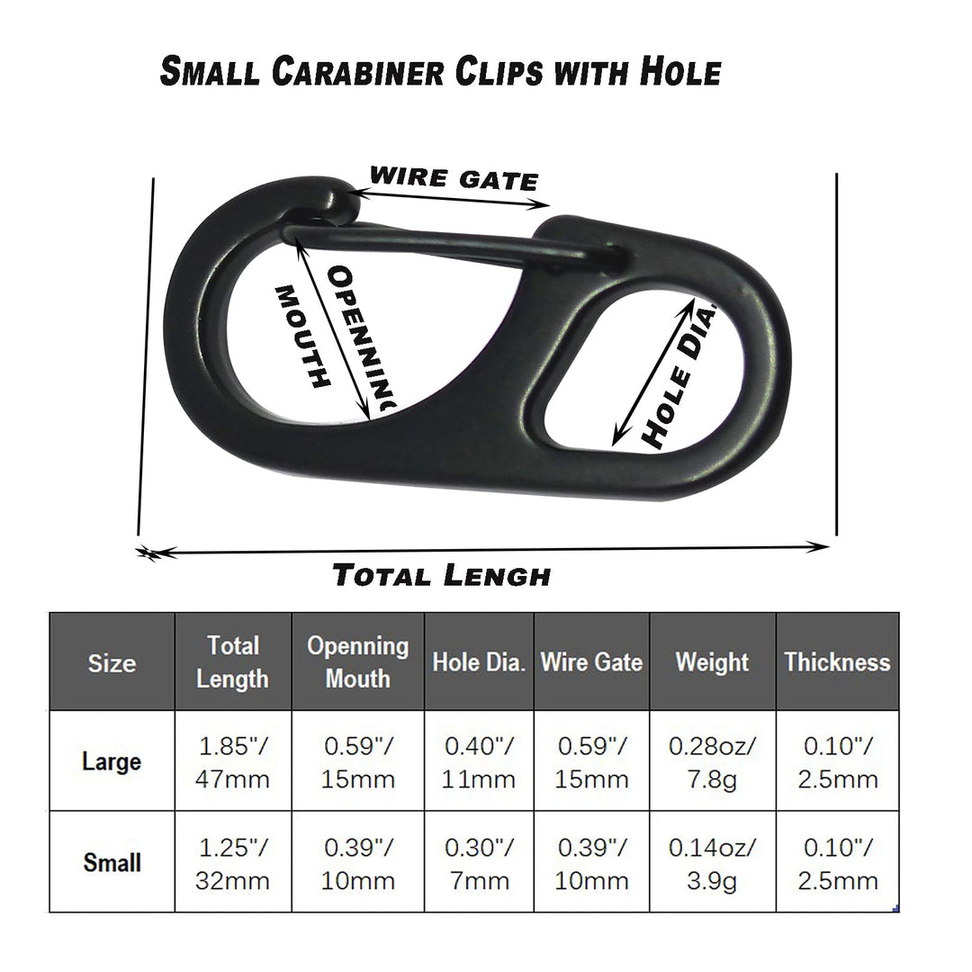 Small Metal Carabiner Paracord Clips Snap Hooks with Fixed Eye(0.39/0.47in) Spring Clasps Keychain Buckles, 1 Pcs Large(1.85in) 5 Pcs Small(1.25in) Black