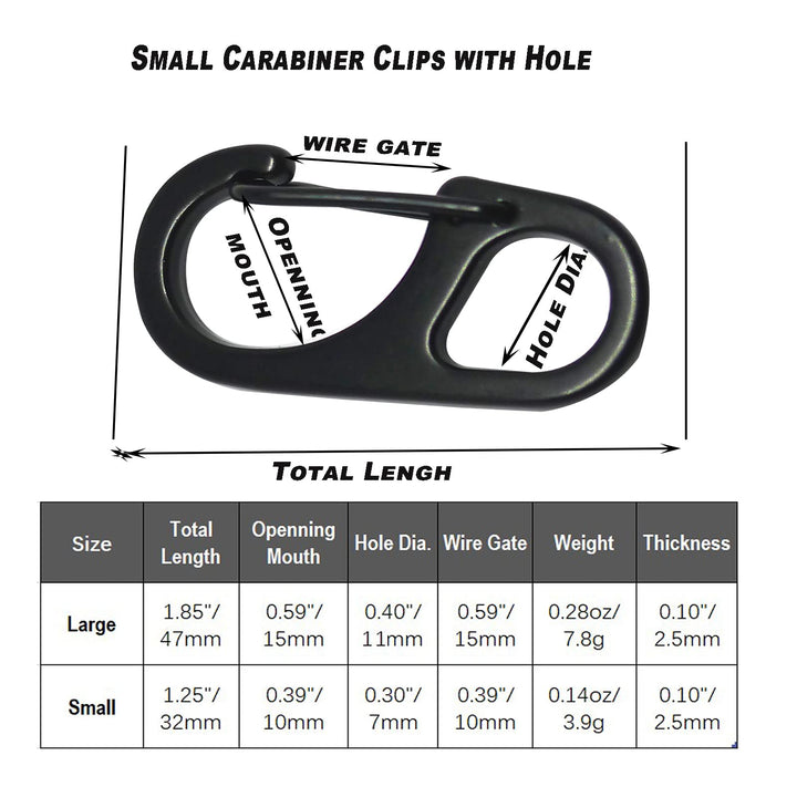 Small Metal Carabiner Paracord Clips Snap Hooks with Fixed Eye(0.39/0.47in) Spring Clasps Keychain Buckles, 1 Pcs Large(1.85in) 5 Pcs Small(1.25in) Black