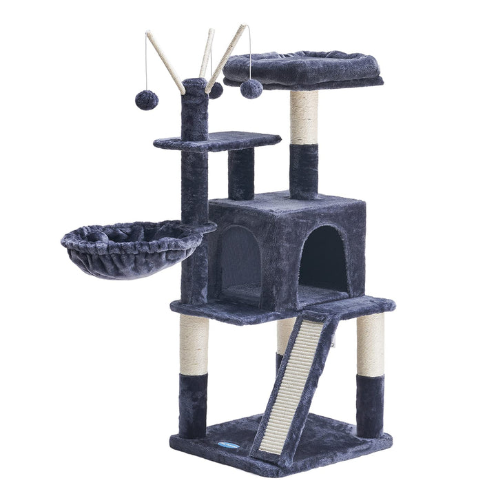 Cat Tree 46 inch Cat Condo with Sisal Scratching Posts,Multi-Level Cat Tower with Scratching Board,Basket,Removable Fur Ball Sticks,Smoky Grey MPJ015G