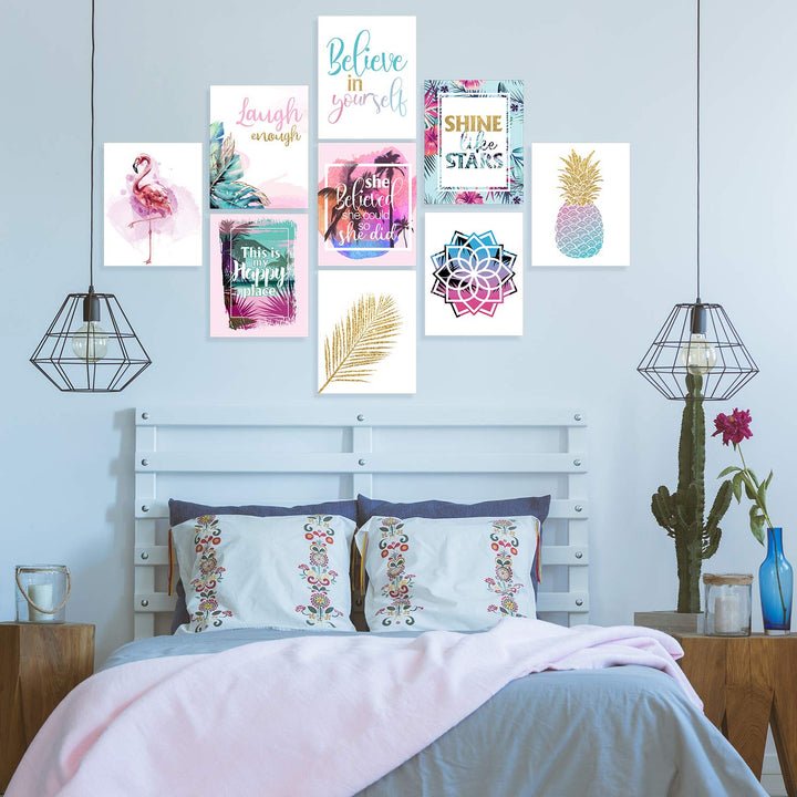 Set of 9 Inspirational Prints Teen Girl Room Wall Art Flamingo Pineapple Leaf Motivational Phrases Posters Girls Bedroom Home Decorations Unframed