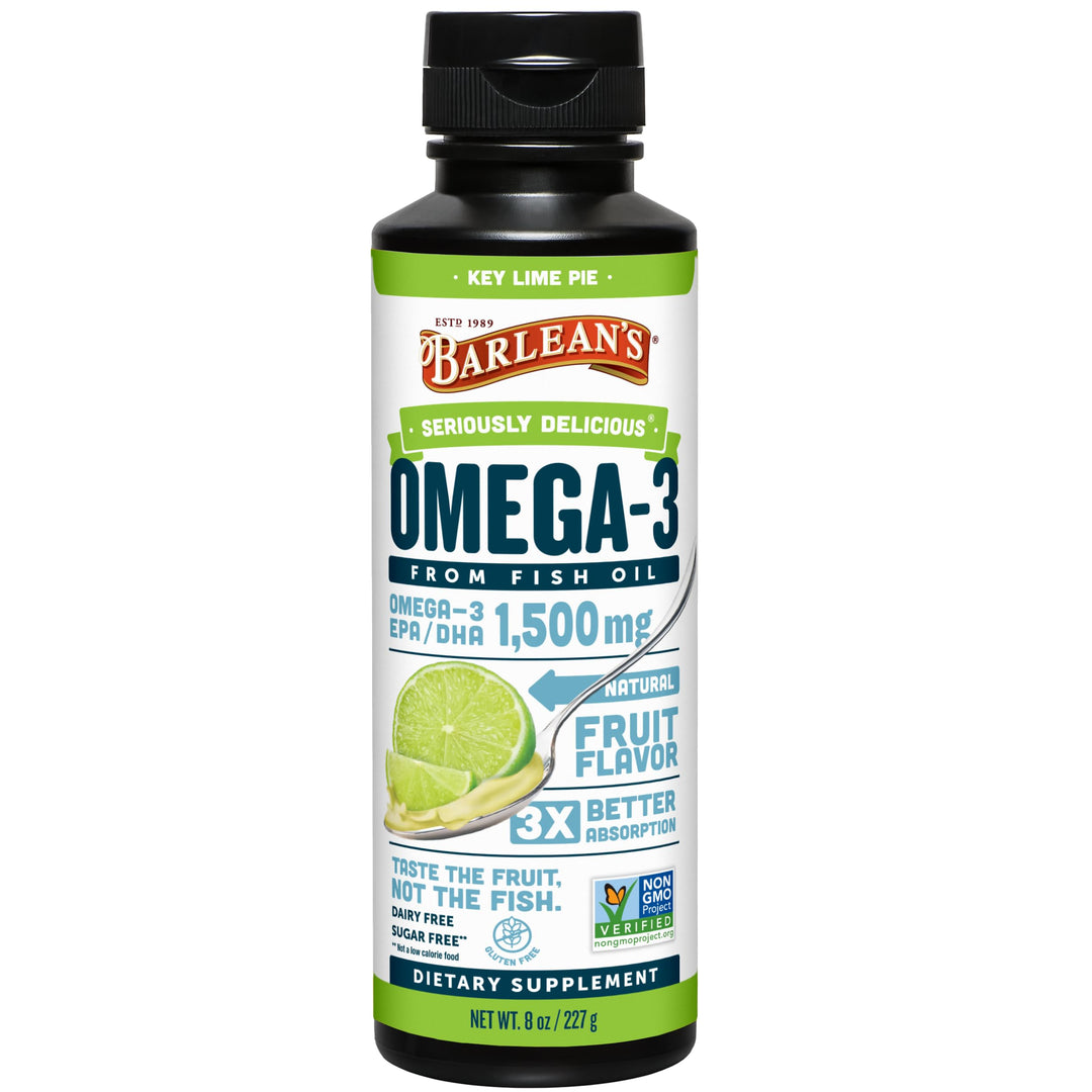 Barlean's Key Lime Pie High Potency Omega 3 Fish Oil Liquid Supplement, 1500mg of EPA& DHA Fatty Acid, Smoothie Flavored & Burpless for Brain, Joint, & Heart Health, 8 oz